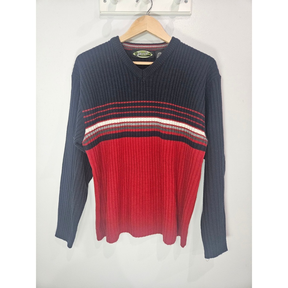 White Out Mens Ribbed V-Neck Sweater Navy Red Striped Colorblock Large Vintage